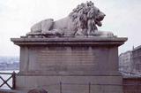 Statue in front of chain bridge, Budapest, Hungary 1984